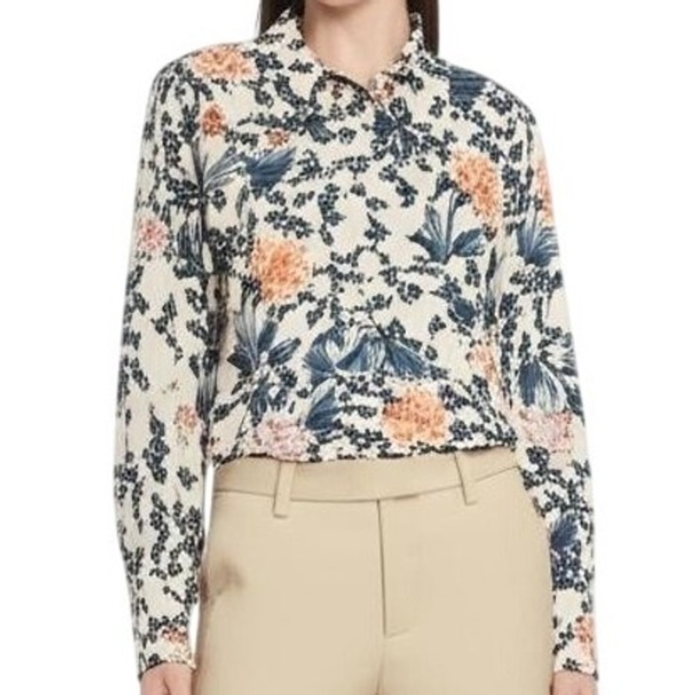 T Tahari Blouse XS Blue Floral Collared Button-Up Blouse Elegant Chic‎ Feminine